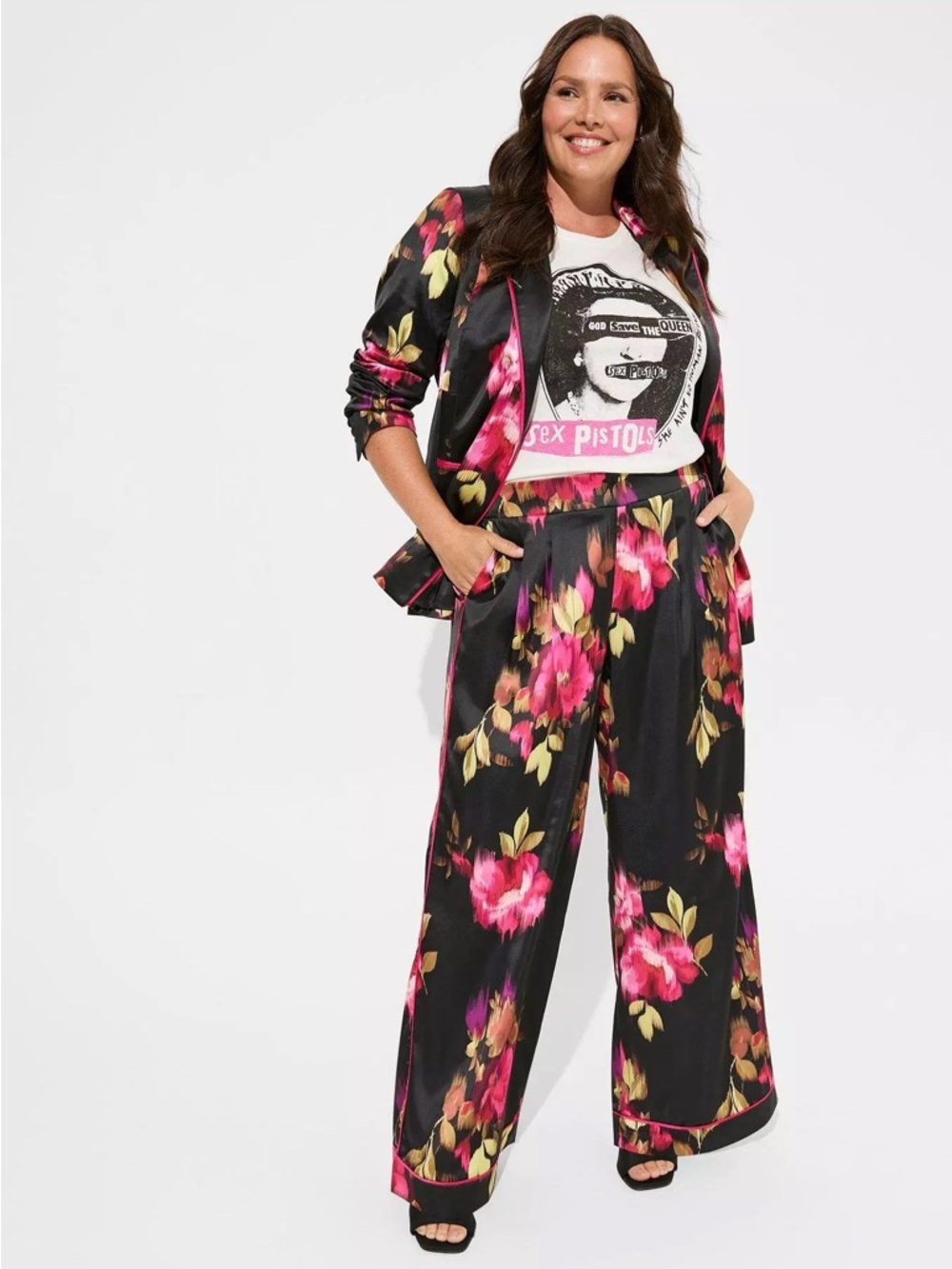 torrid Black Satin Pants with Pink Floral Print SHORT